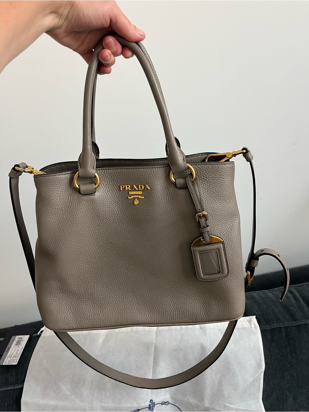100% AUTH Prada Taupe Pebbled Leather Satchel with Gold Hardware - Picture 3 of 14